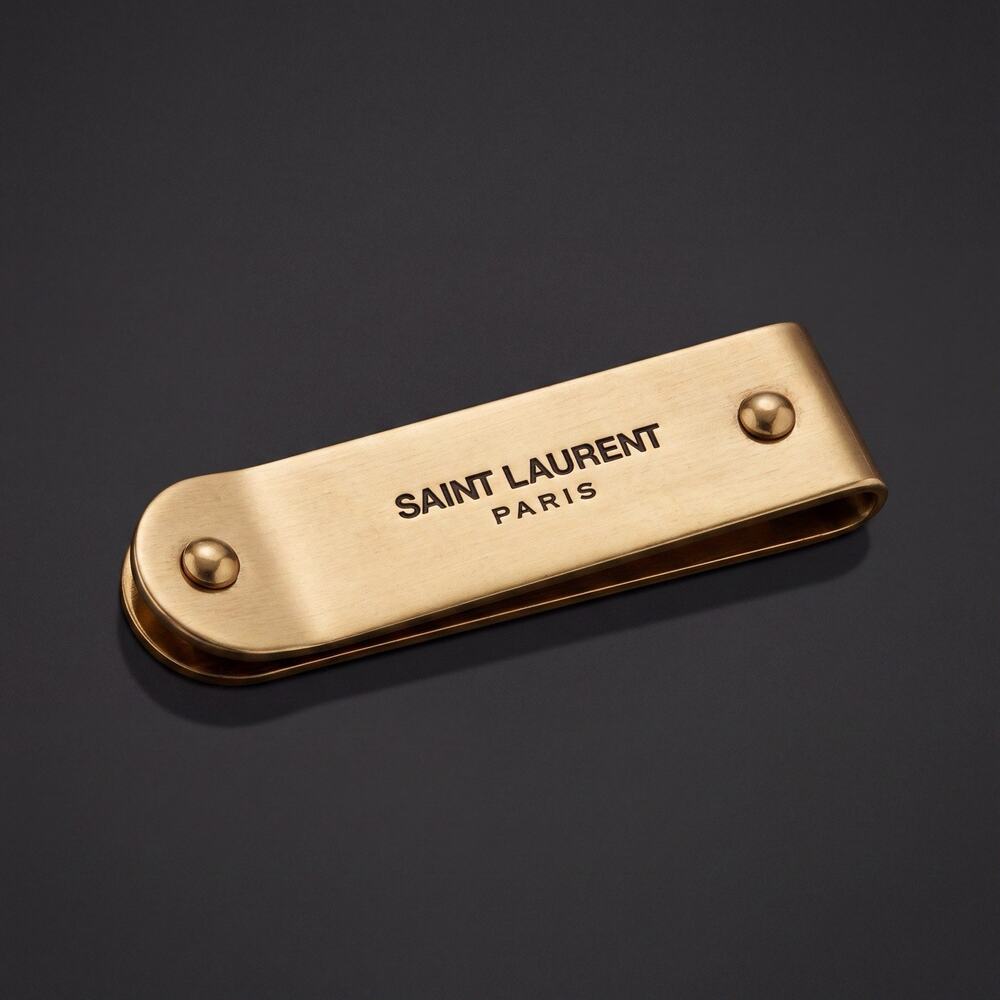 Saint Laurent Paris Logo Gold Tone Metal Money Clip YSL Designer Preowned